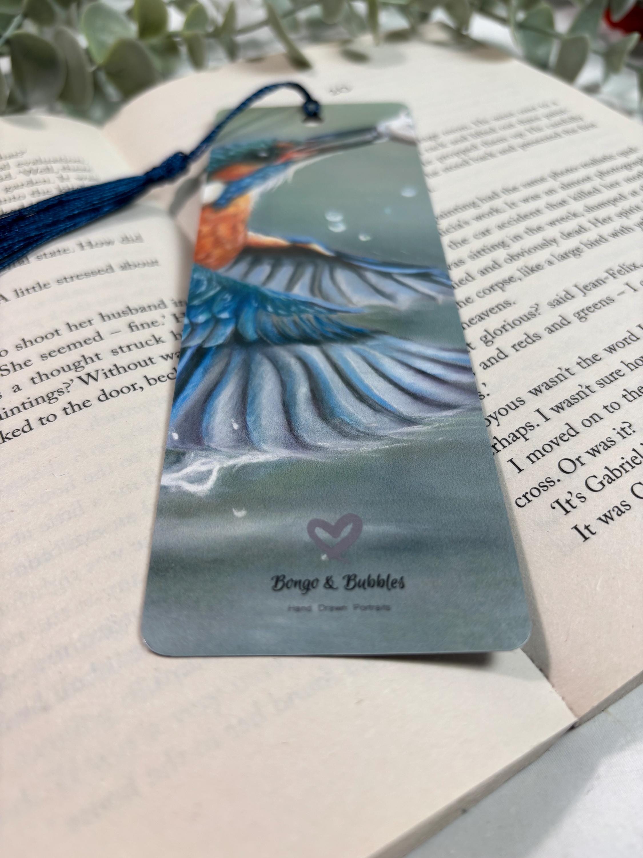 Kingfisher Bookmark | Hand-Drawn Pastel Art Print | Laminated Double-Sided | Bird Lover Gift