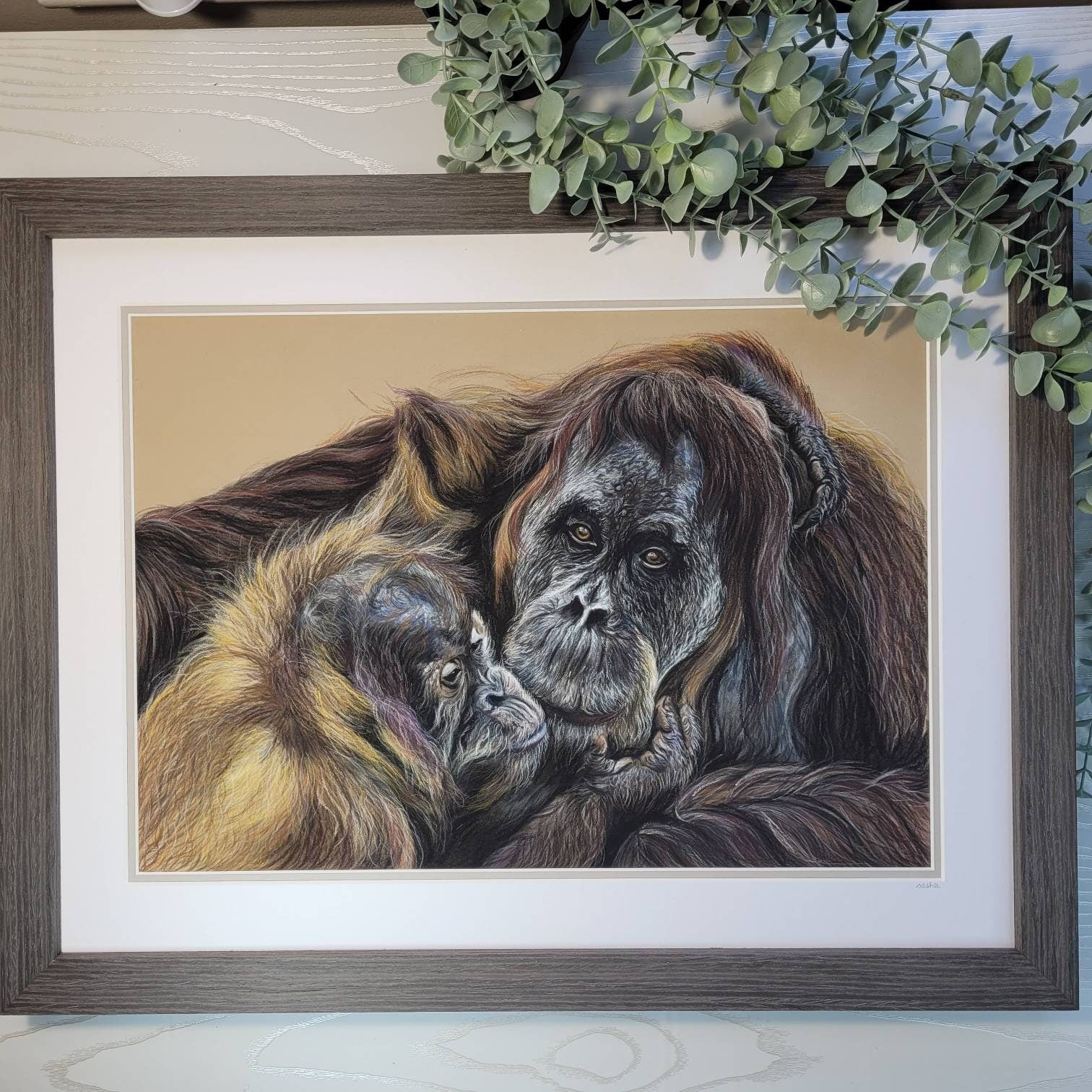 Original Orangutan & Baby Pastel Drawing | 'A Mother's Love' | Framed Wildlife Art | Hand Drawn by Sasha Smith