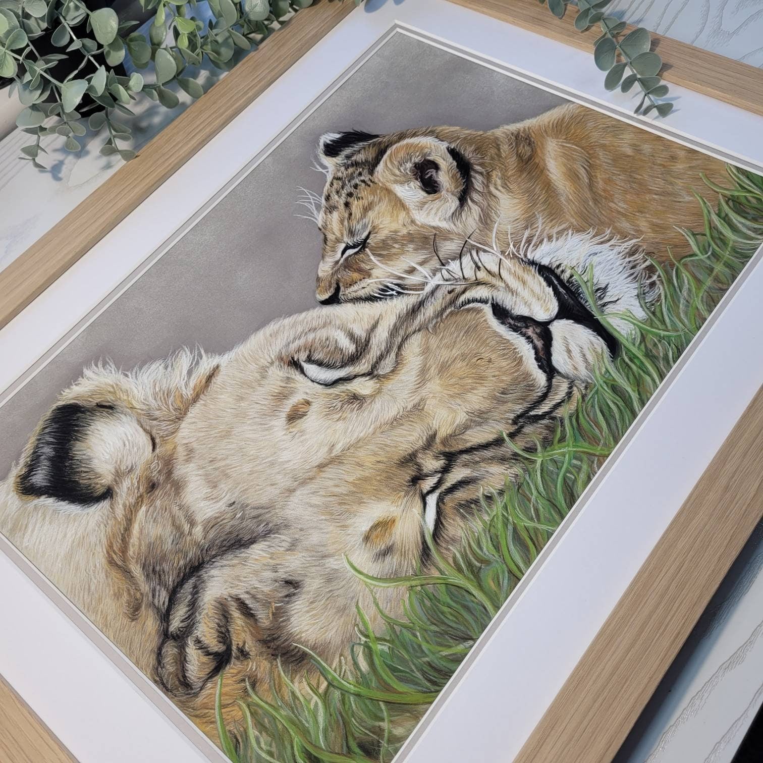 Lioness and cub original pastel drawing| Hand Drawn| Framed Artwork| African Animal Art