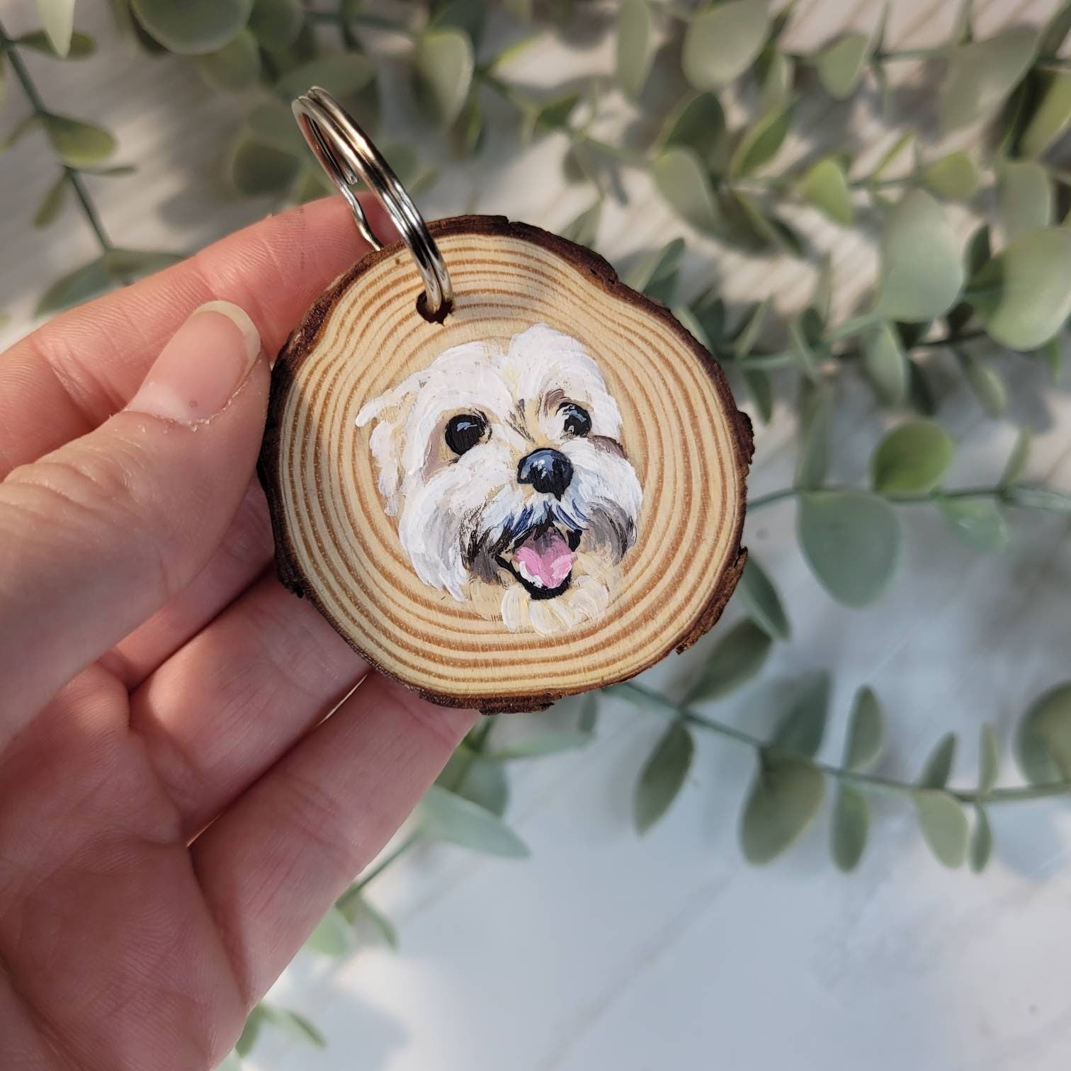 Personalised Pet Portrait Keyring | Hand-Painted Wooden Slice | Acrylic Miniature | Custom Pet Gift