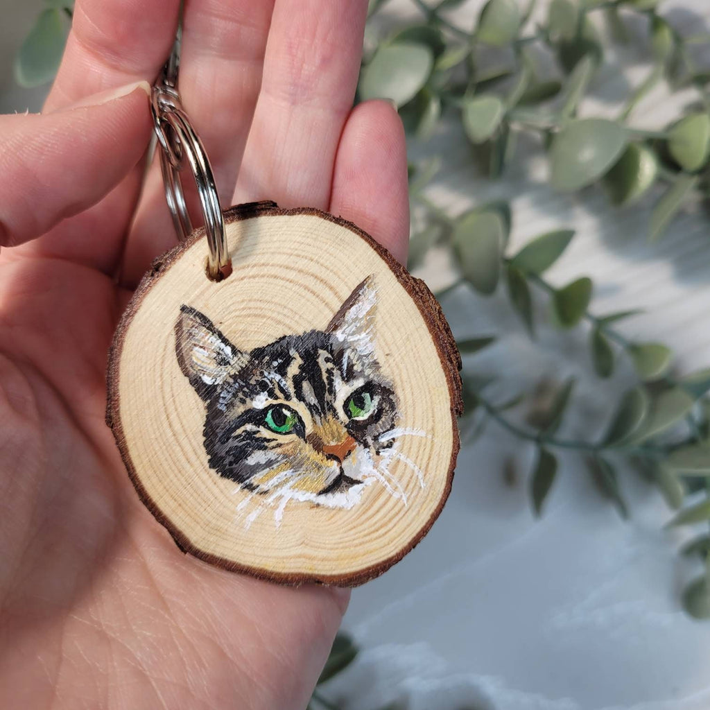 Personalised Pet Portrait Keyring | Hand-Painted Wooden Slice | Acrylic Miniature | Custom Pet Gift