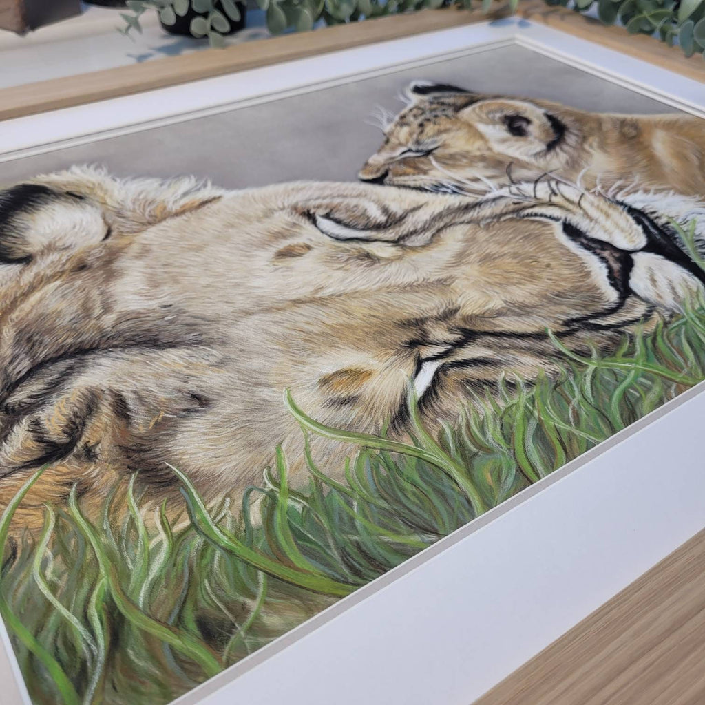 Lioness and cub original pastel drawing| Hand Drawn| Framed Artwork| African Animal Art
