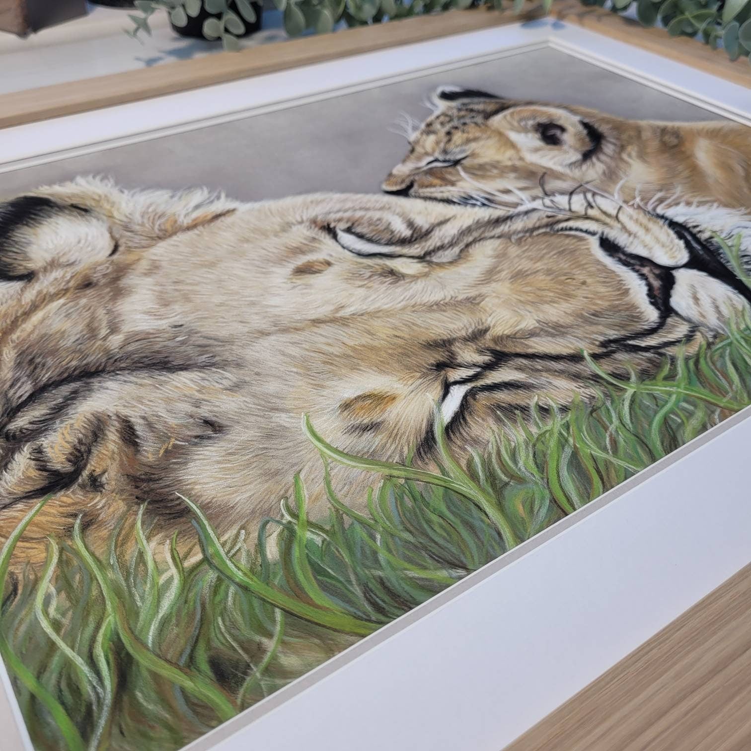 Lioness and cub original pastel drawing| Hand Drawn| Framed Artwork| African Animal Art