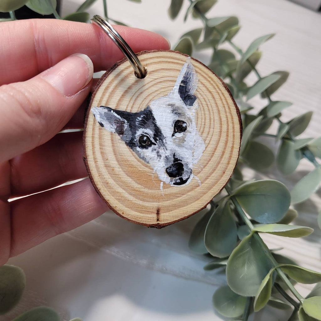 Personalised Pet Portrait Keyring | Hand-Painted Wooden Slice | Acrylic Miniature | Custom Pet Gift