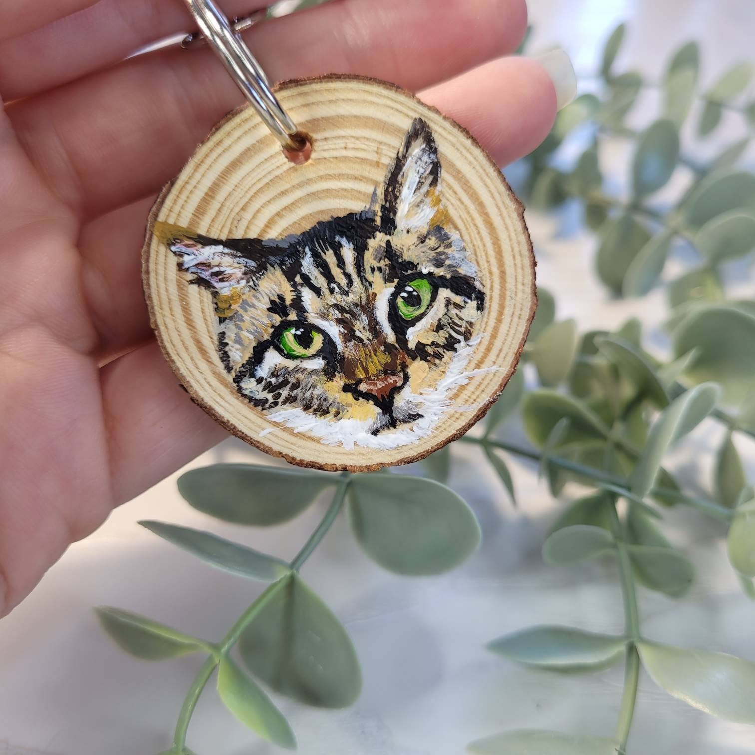 Personalised Pet Portrait Keyring | Hand-Painted Wooden Slice | Acrylic Miniature | Custom Pet Gift