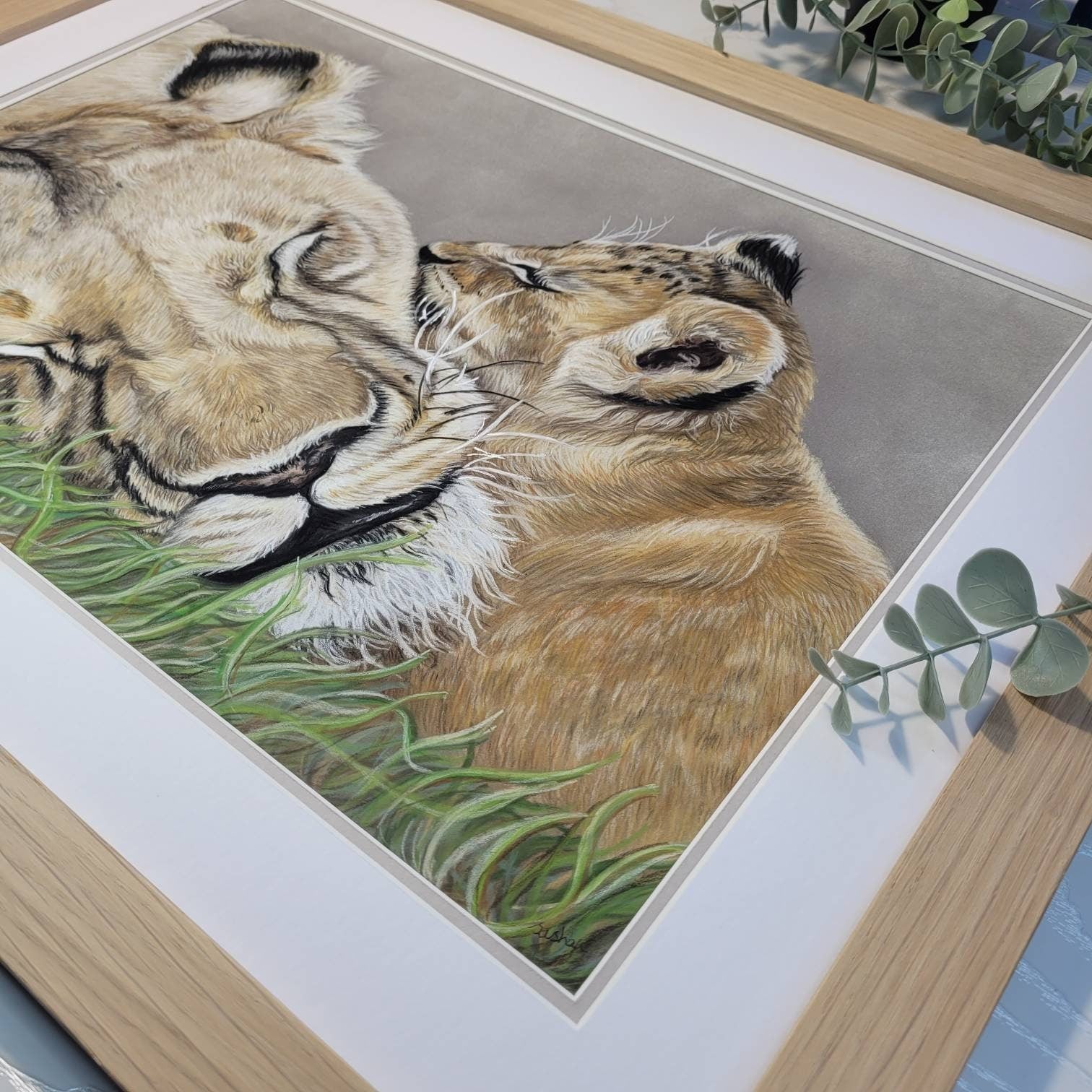Lioness and cub original pastel drawing| Hand Drawn| Framed Artwork| African Animal Art
