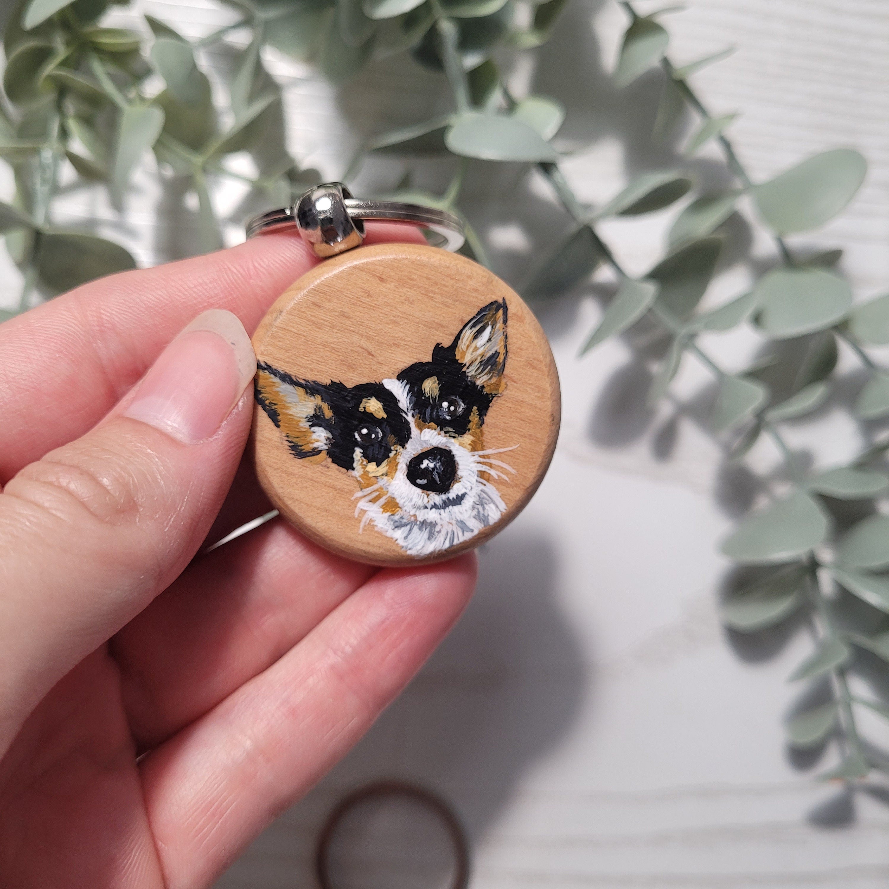Personalised Pet Portrait Keyring | Hand-Painted Wooden Slice | Acrylic Miniature | Custom Pet Gift