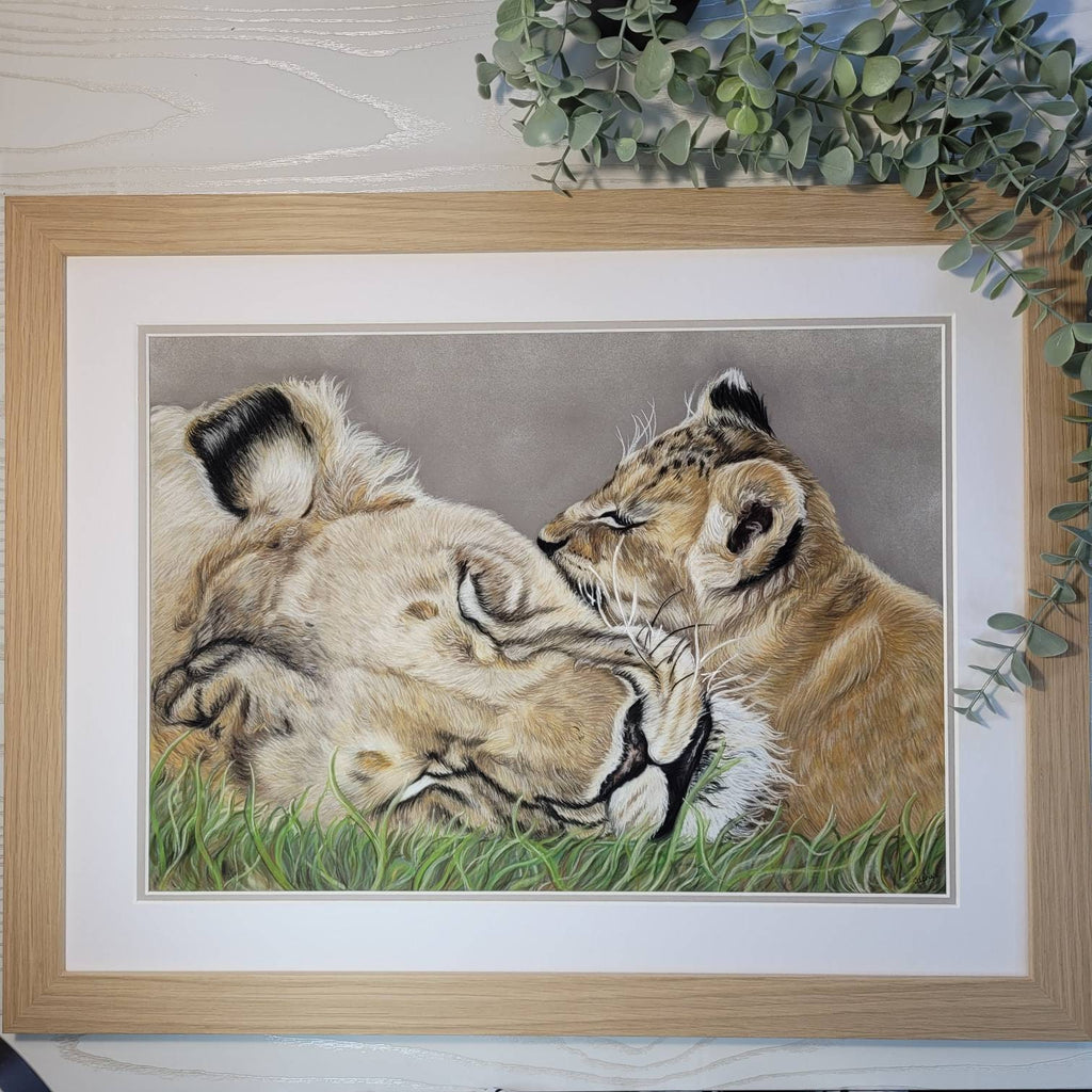 Lioness and cub original pastel drawing| Hand Drawn| Framed Artwork| African Animal Art