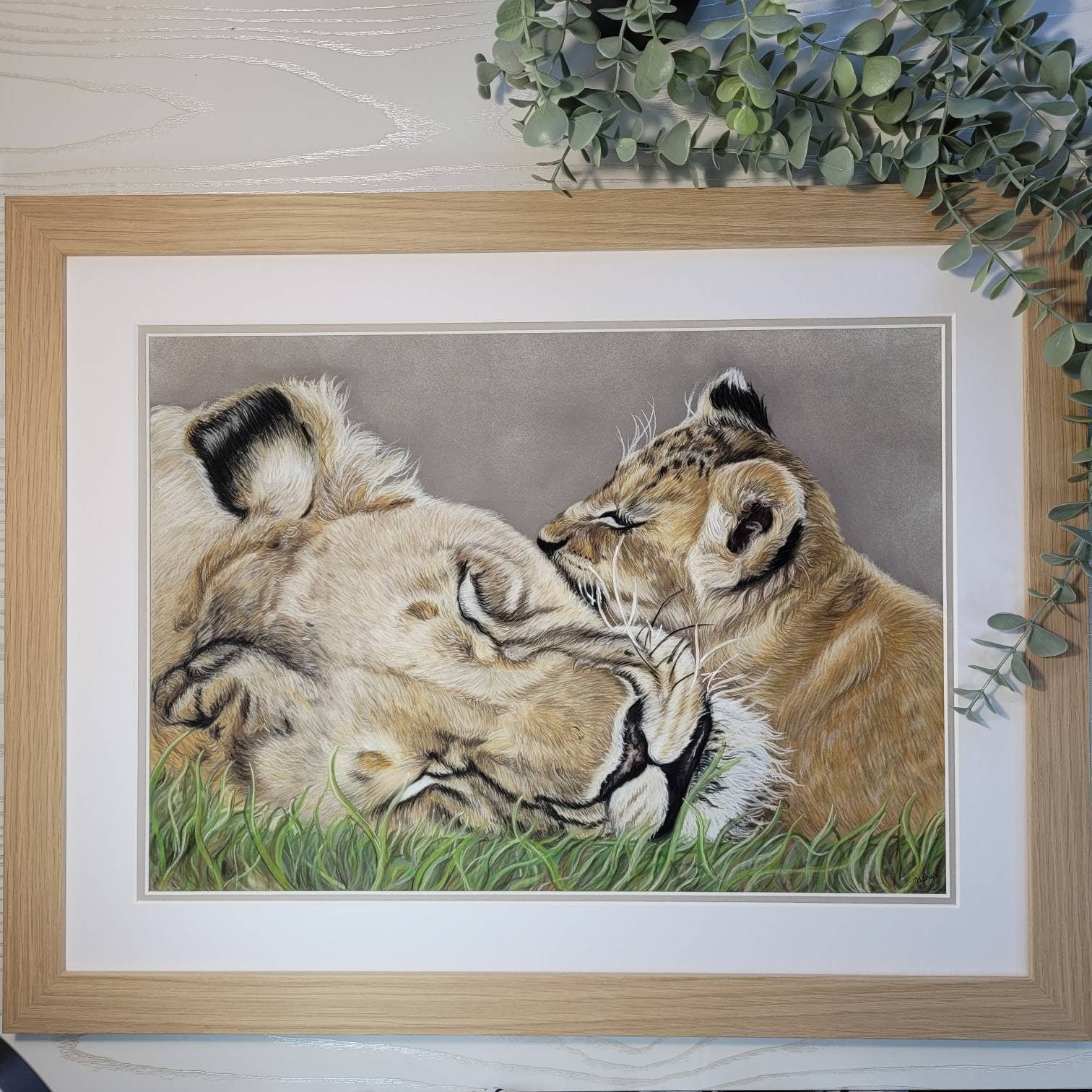 Lioness and cub original pastel drawing| Hand Drawn| Framed Artwork| African Animal Art