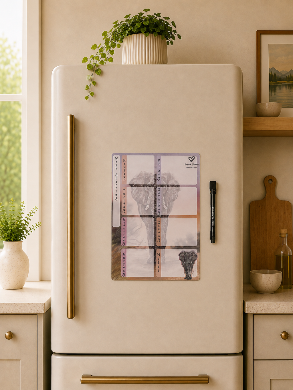 A cream-colored refrigerator in a styled kitchen setting, featuring a rectangular magnetic calendar or planner cover with a vintage elephant illustration and a black marker attached to the door.