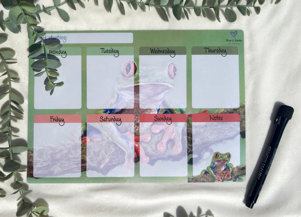 A4 Magnetic Weekly Planner Whiteboard – Red-Eyed Tree Frog Fridge & Surface Organiser