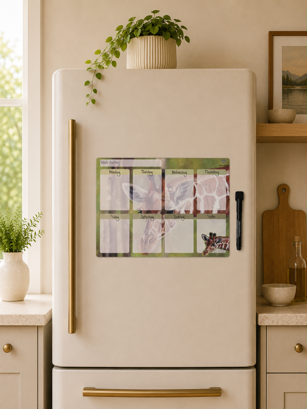 A weekly planner magnetic board with giraffe illustrations is mounted on the front of a cream-colored refrigerator in a styled kitchen setting.
