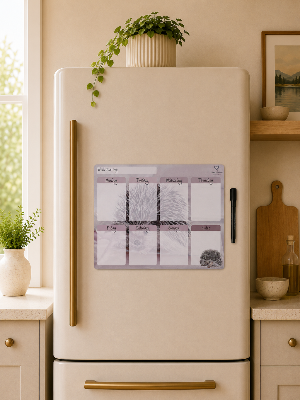 A weekly magnetic calendar planner with a hedgehog print is displayed on the front of a cream-colored retro refrigerator in a modern kitchen setting.
