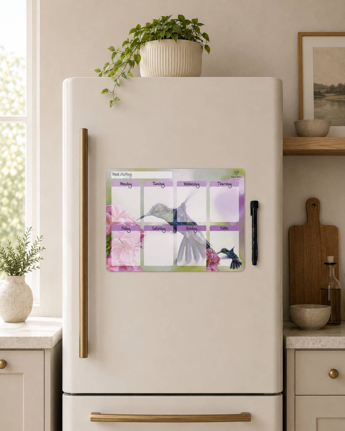 A weekly magnetic calendar planner with a hummingbird and pink flowers, shown on a cream-colored refrigerator in a modern kitchen setting.