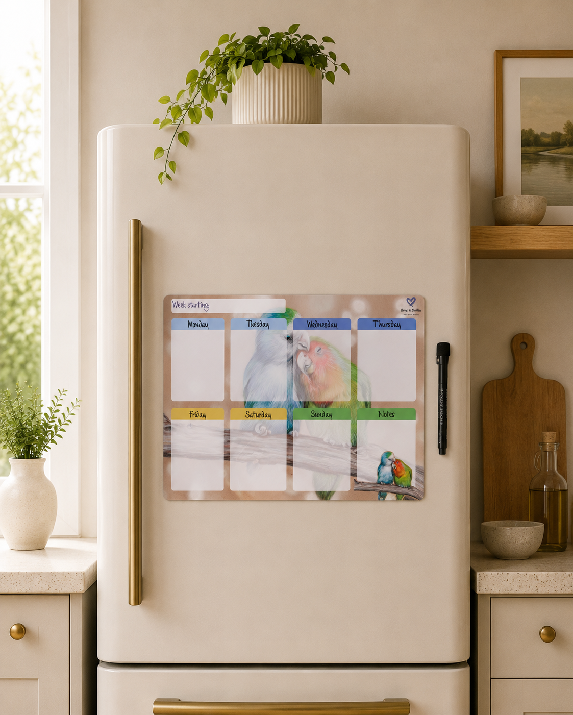 A weekly planner magnetic board with colorful day boxes and a parrot illustration, shown attached to the door of a cream-colored refrigerator in a bright, modern kitchen.