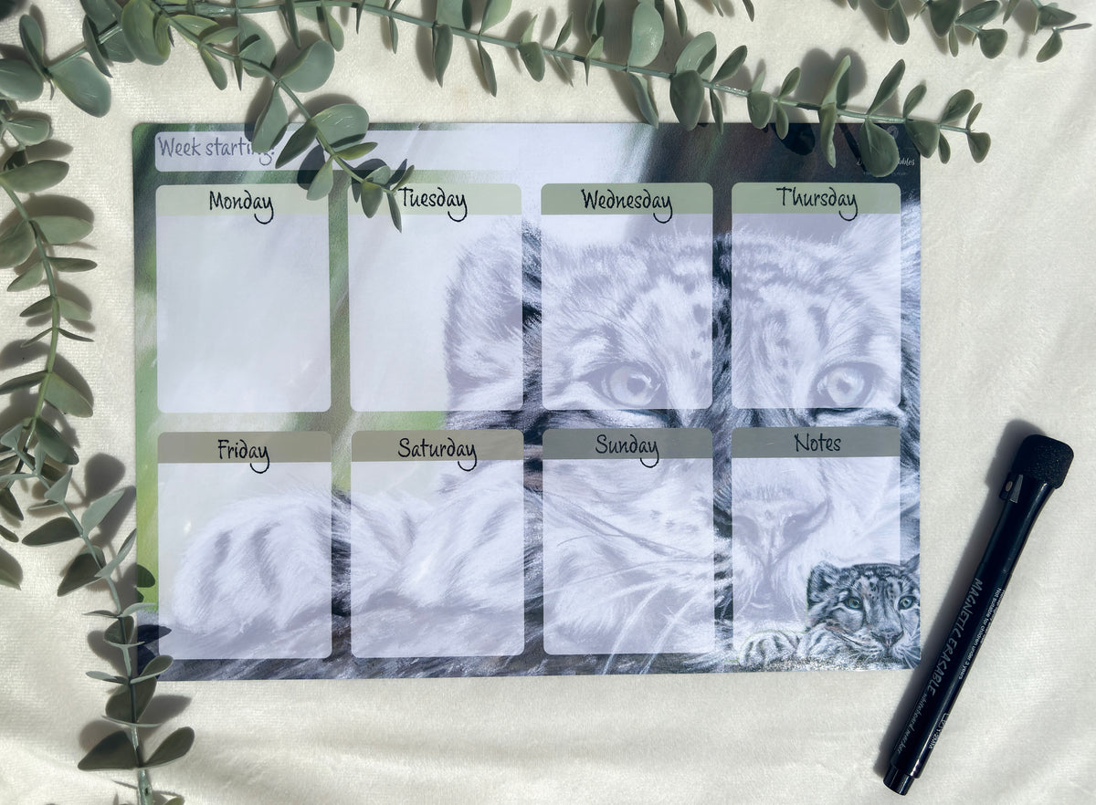 A4 Magnetic Weekly Planner Whiteboard – Snow Leopard Fridge & Surface Organiser