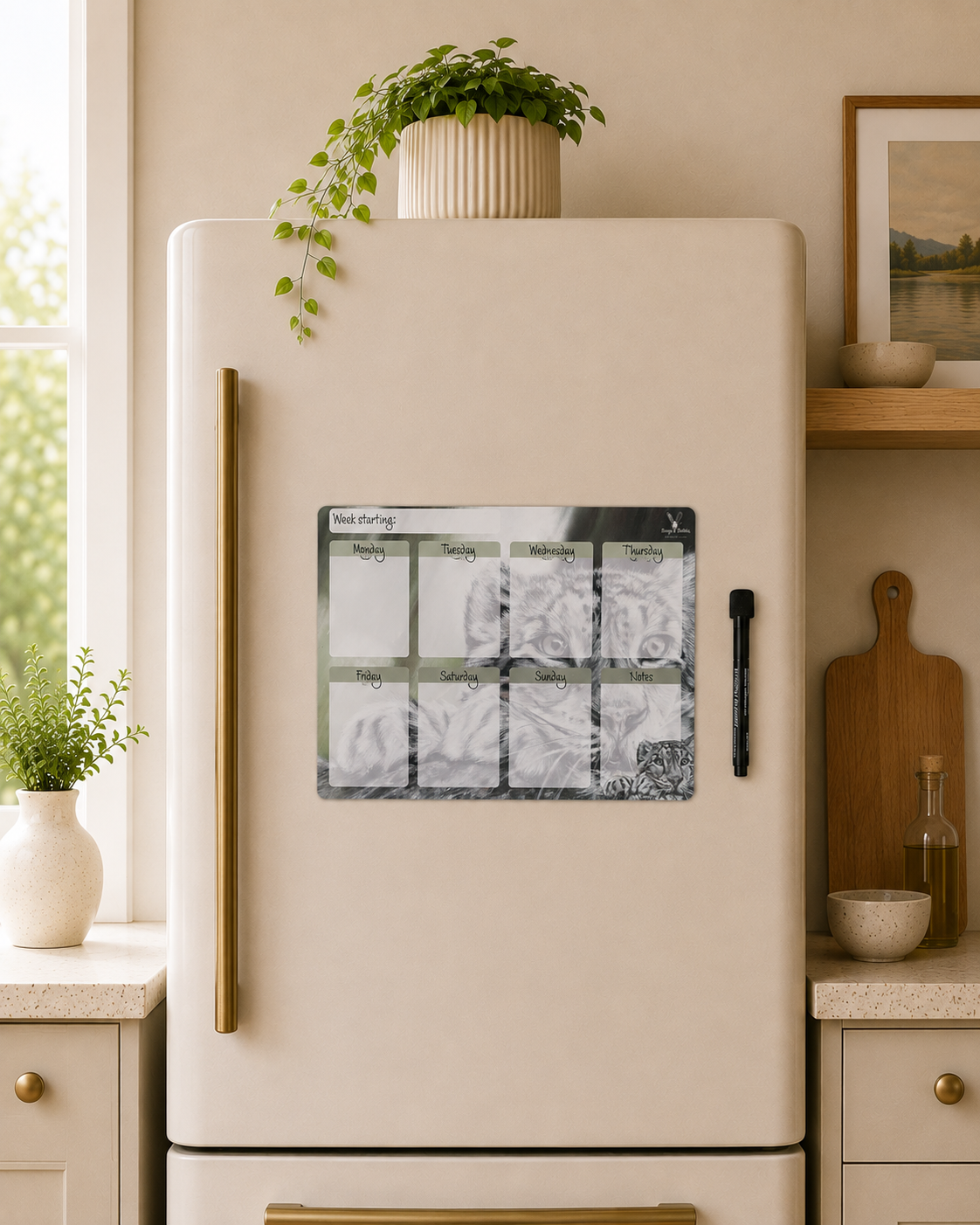 A weekly magnetic calendar board displayed on the front of a cream-colored refrigerator in a styled kitchen setting. The calendar features a black and white grid with placeholder text for days of the week, accompanied by a black magnetic marker.