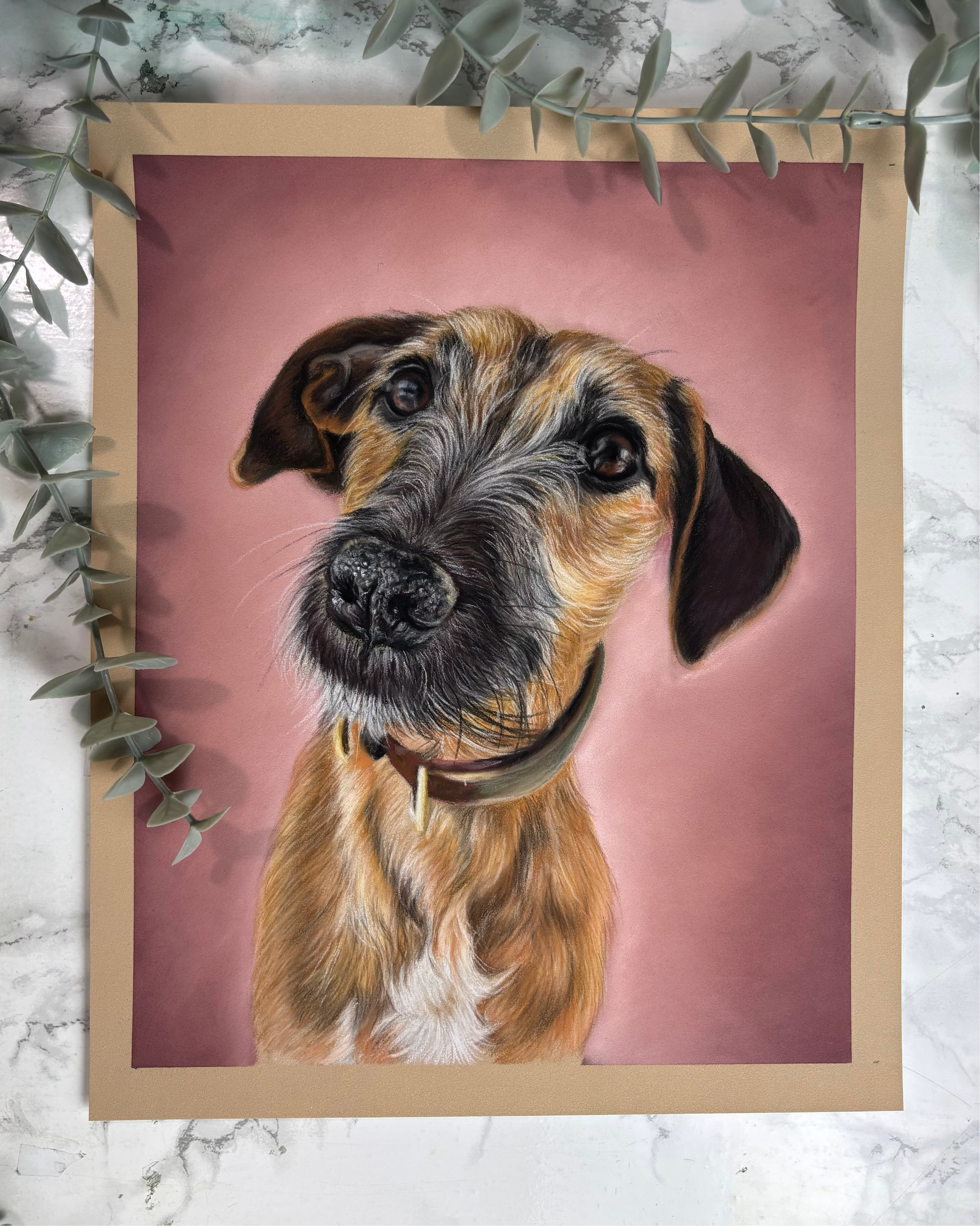 Unframed Hand Drawn pastel portrait of a Beddlington terrier x whippet.