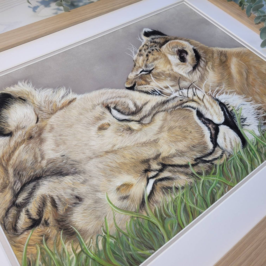 Lioness and cub original pastel drawing| Hand Drawn| Framed Artwork| African Animal Art