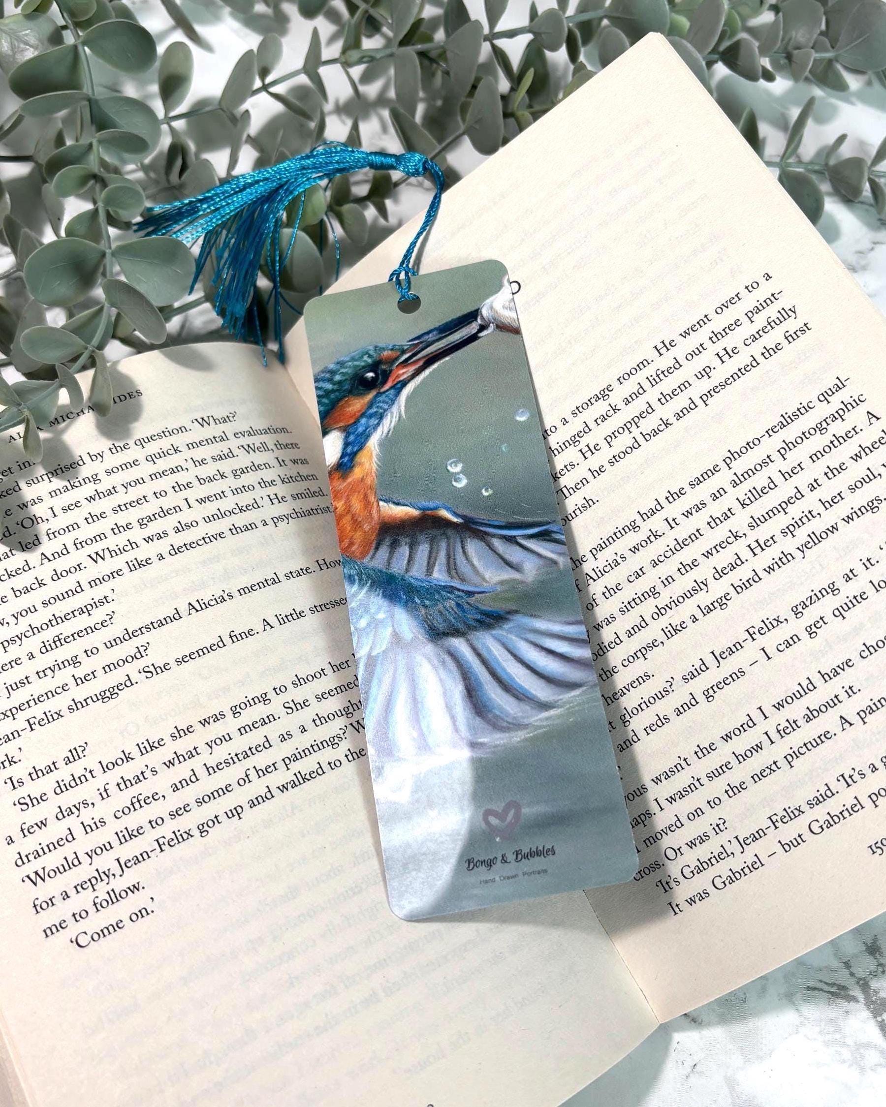 Kingfisher Bookmark | Hand-Drawn Pastel Art Print | Laminated Double-Sided | Bird Lover Gift