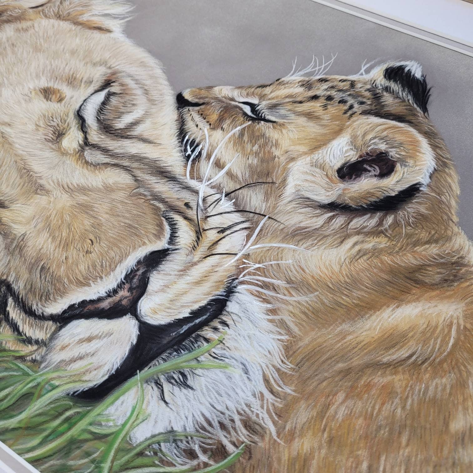 Lioness and cub original pastel drawing| Hand Drawn| Framed Artwork| African Animal Art