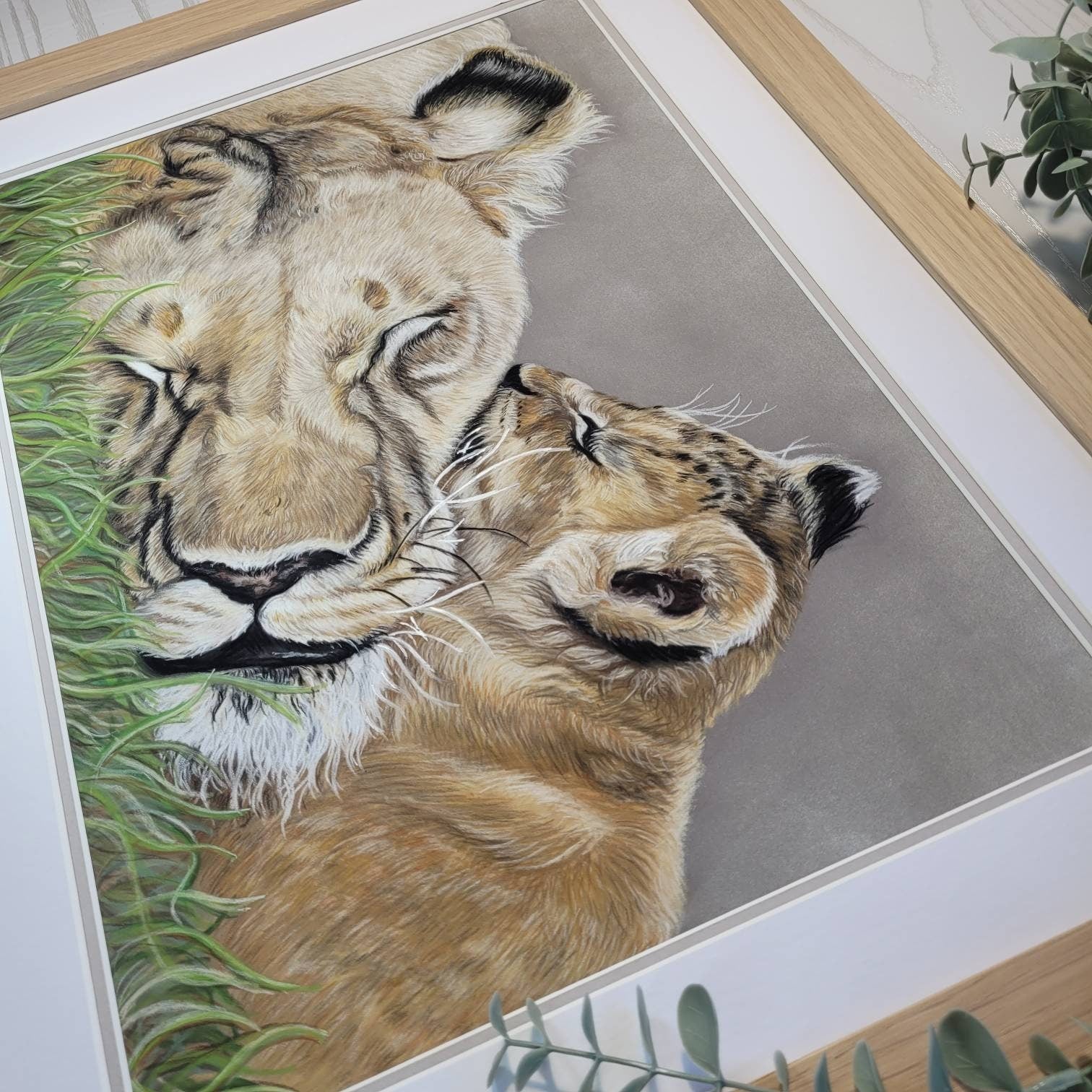 Lioness and cub original pastel drawing| Hand Drawn| Framed Artwork| African Animal Art