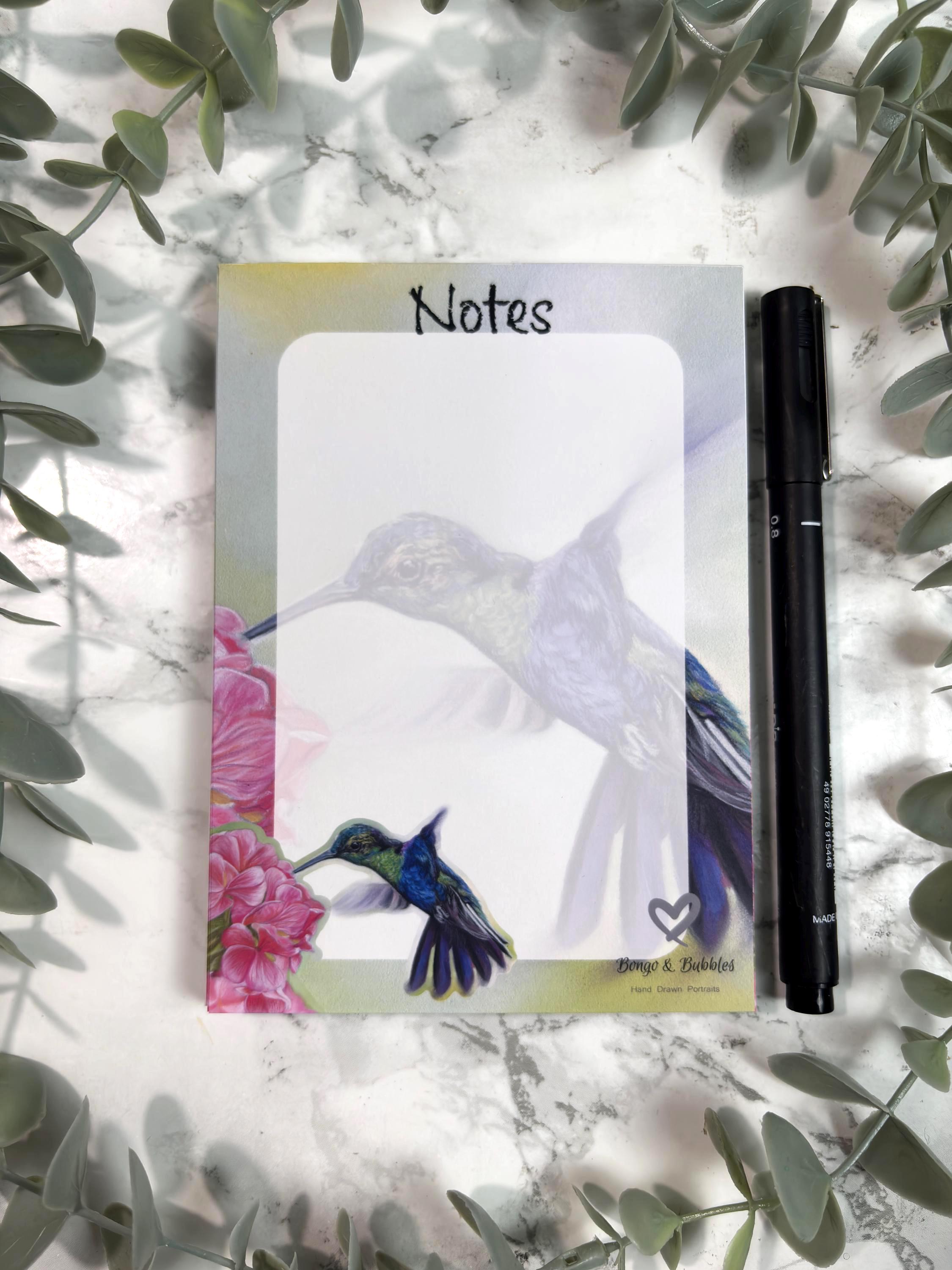 Hummingbird plain magnetic notepad| Plain notes paper pad| Pastel Portrait Design| Bird Stationary|