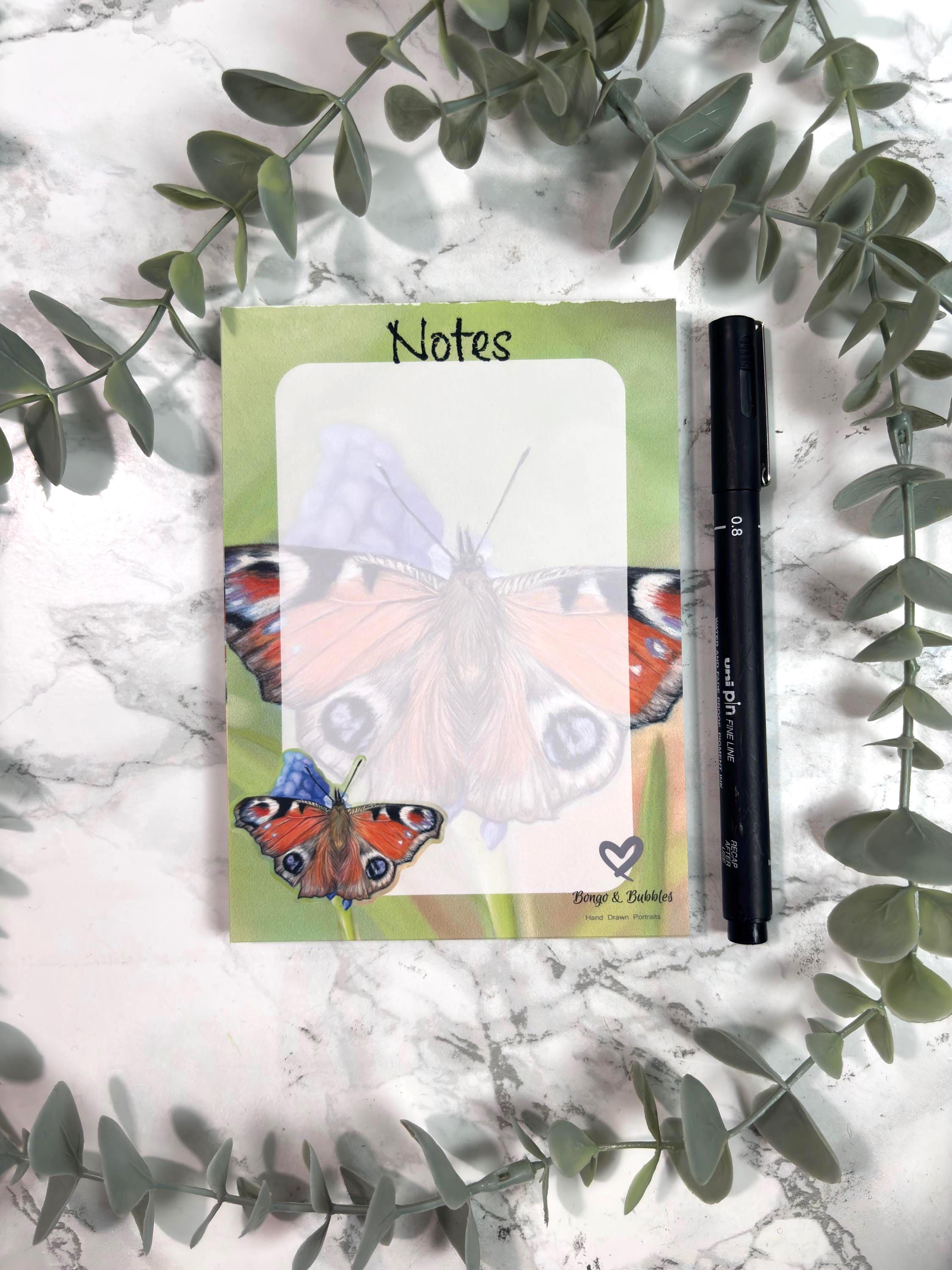Peacock Butterfly Notepad | Hand-Drawn Pastel Art, Magnetic Option