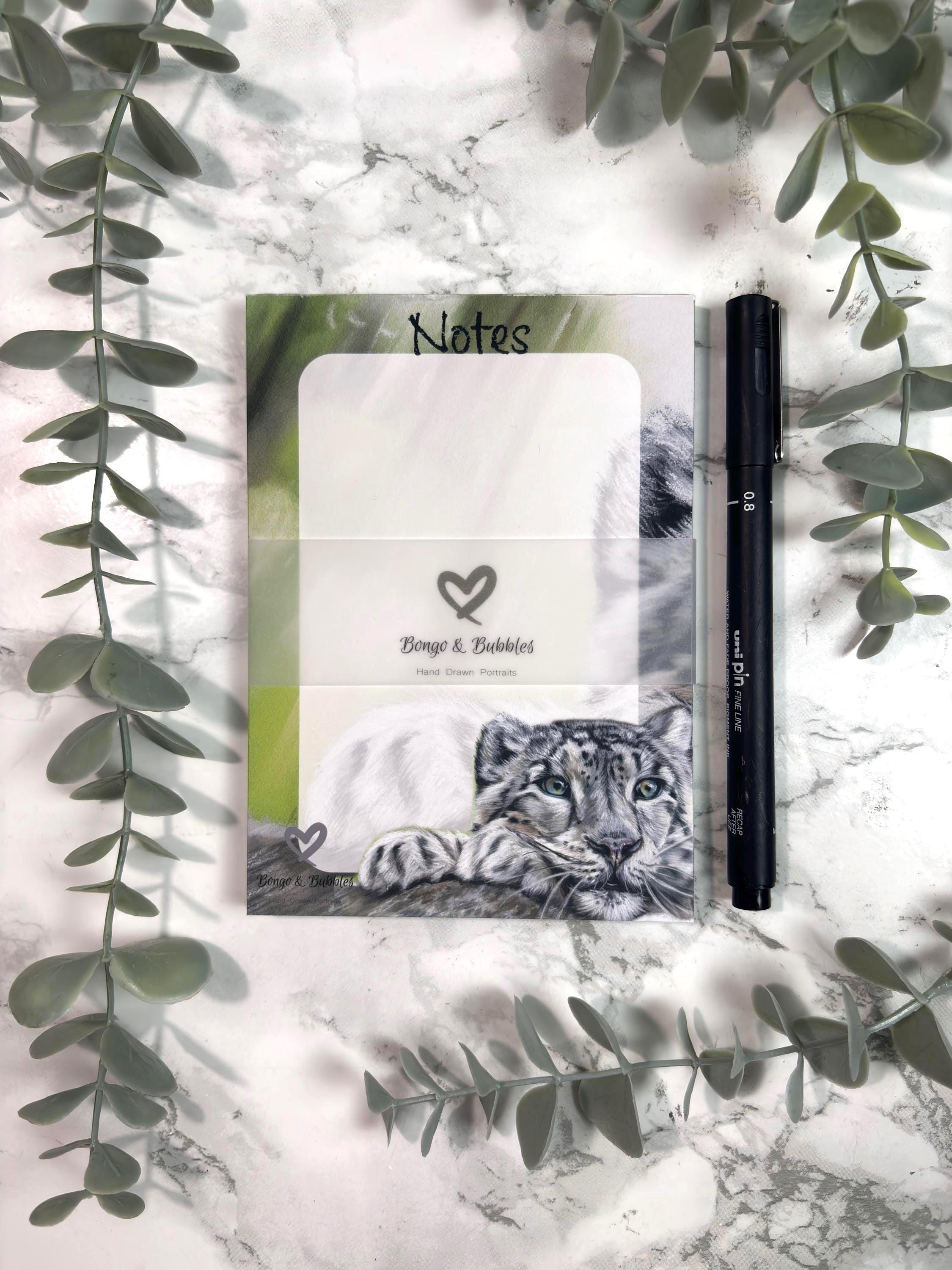 Snow Leopard Notepad | Hand-Drawn Pastel Portrait, Magnetic Option