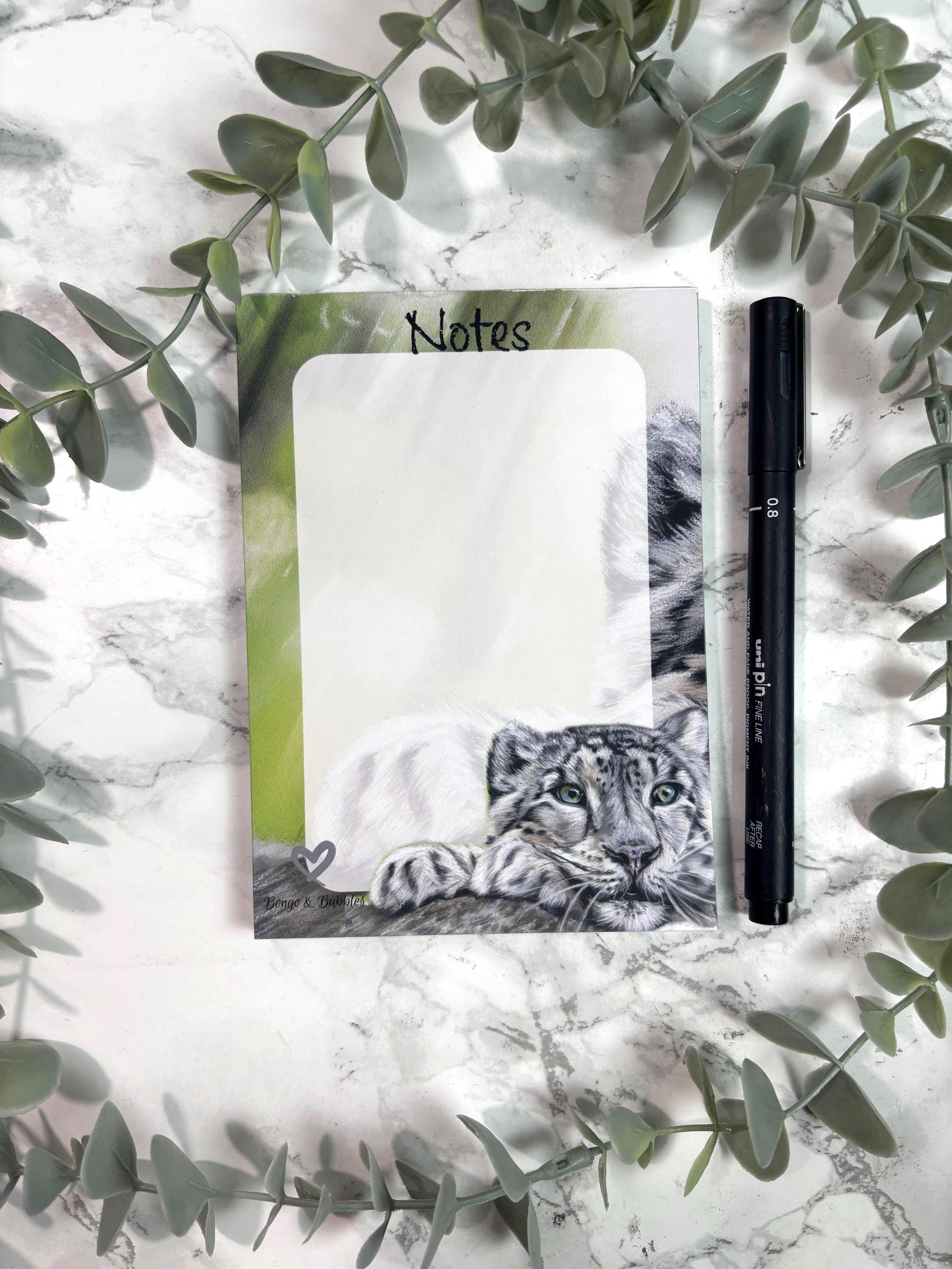 Snow Leopard Notepad | Hand-Drawn Pastel Portrait, Magnetic Option