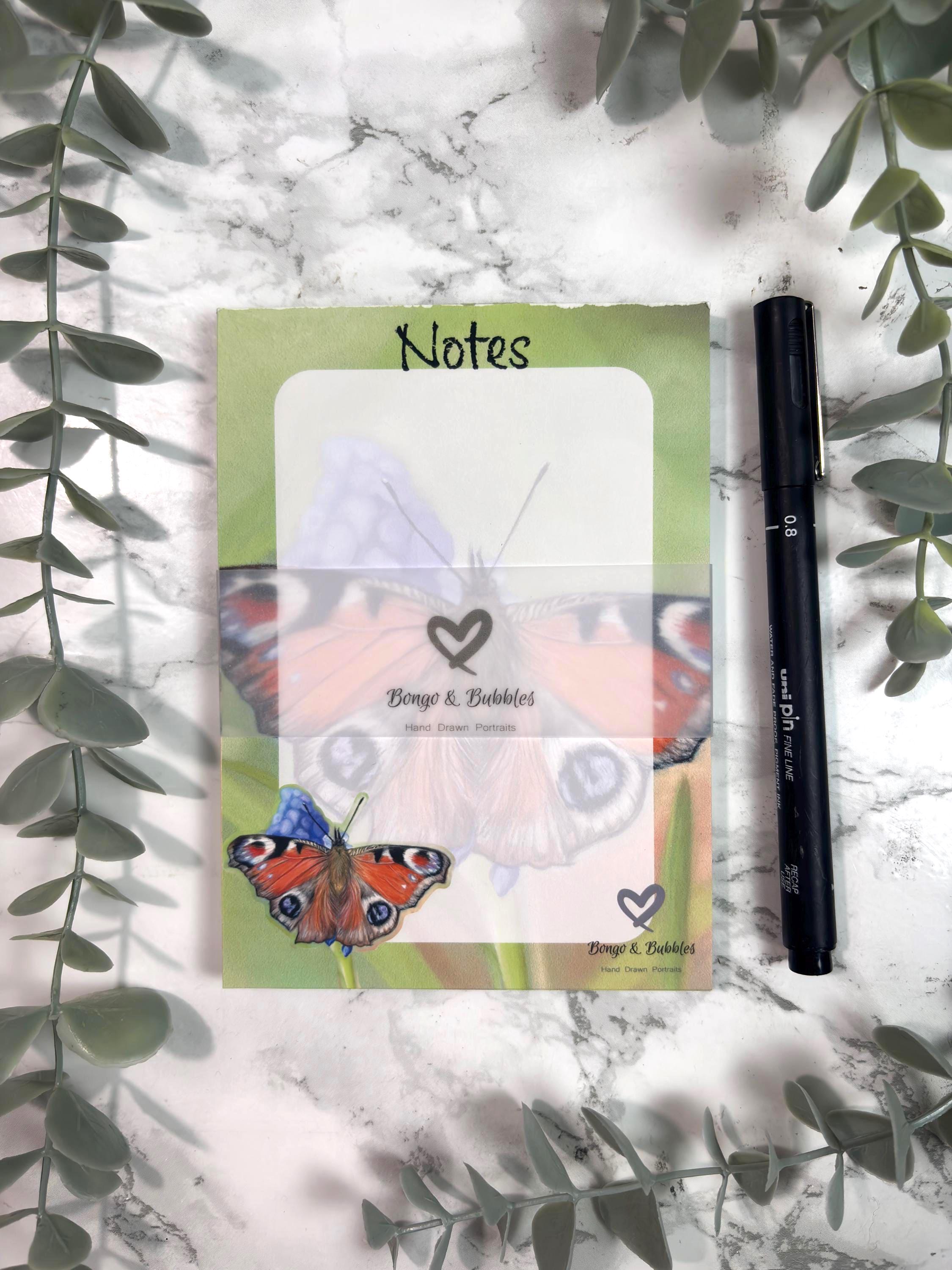 Peacock Butterfly Notepad | Hand-Drawn Pastel Art, Magnetic Option